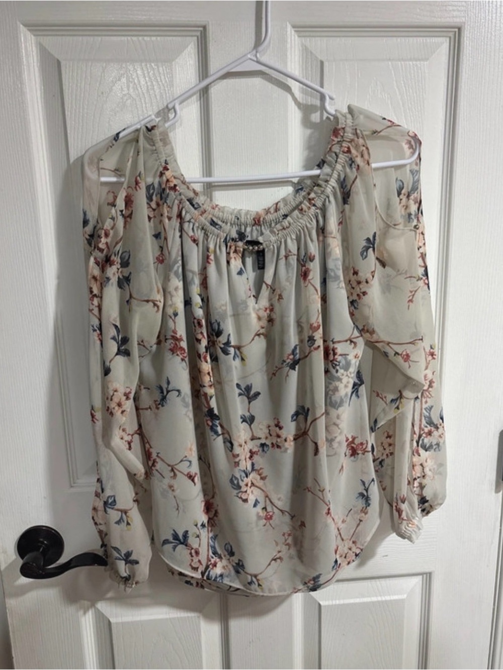 White House Black Market Cream Floral Off-Shoulder Blouse with Pink & Blue Print
